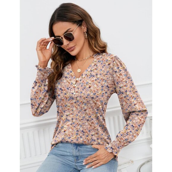 Women’s V Neck Puff Long Sleeve Blouse Casual Dressy Fall Top Large - Picture 3 of 4